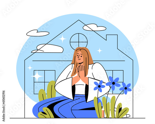 Woman in comfort zone concept. Young girl in harmony and balance meditates. Mindfulness, psychology and mental health. Happiness and tranquility, calmness. Cartoon flat vector illustration