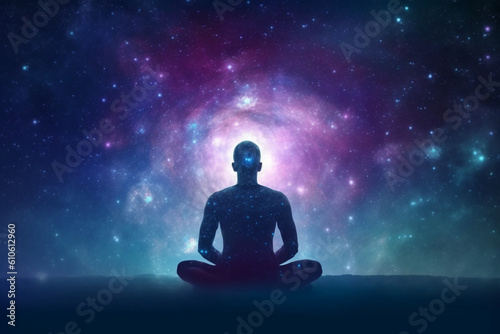 Man and soul, Yoga lotus pose meditation on nebula galaxy background, Zen spiritual well-being