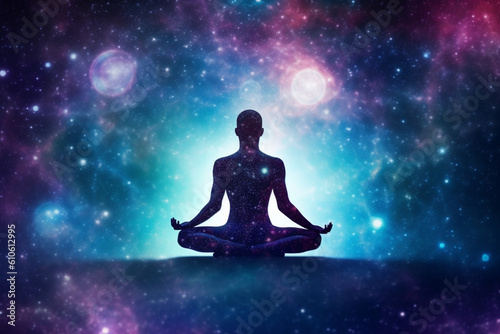 Man and soul, Yoga lotus pose meditation on nebula galaxy background, Zen spiritual well-being © alisaaa