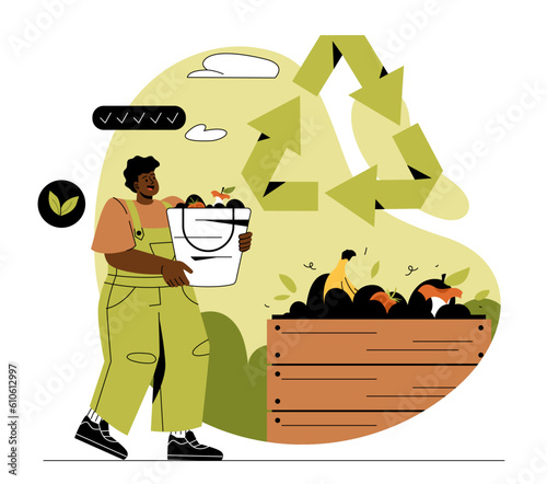 Man with compost concept. Young guy prepares soil for planting plants, vegetables and flowers. Farming and agriculture, gardening. Recycle and reuse natural trash. Cartoon flat vector illustration