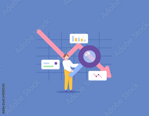 data analysts. Analysis of the factors causing the decline in revenue or profit. A businessman uses a magnifying glass to find the cause of failure in business. illustration concept design. vector 