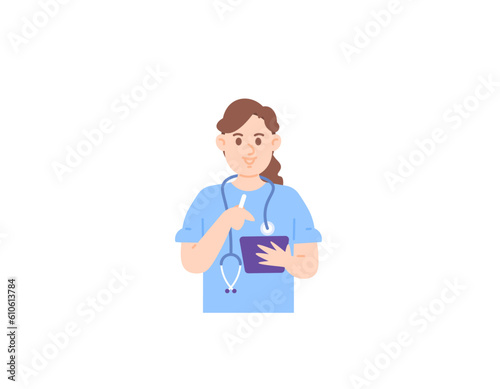 Illustration of a female nurse holding a clipboard. read patient reports. nurse's clothing and stethoscope. Nursing personnel. occupation or profession. Character illustration design of people. vector