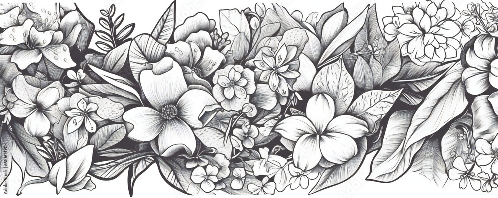 Floral botanical background with hand drawn elements of black and white realism and monochromatic sketches Generative AI Floral botanical background with hand drawn elements of black and white realism and monochromatic sketches Generative AI