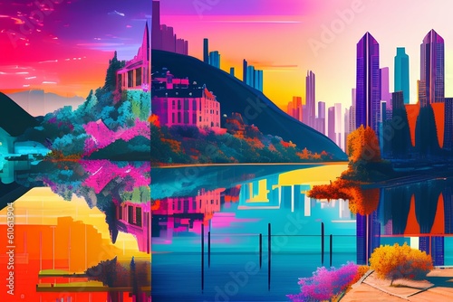Artwork combining the beauty of natural landscapes and the vibrancy of urban cityscapes - generative ai