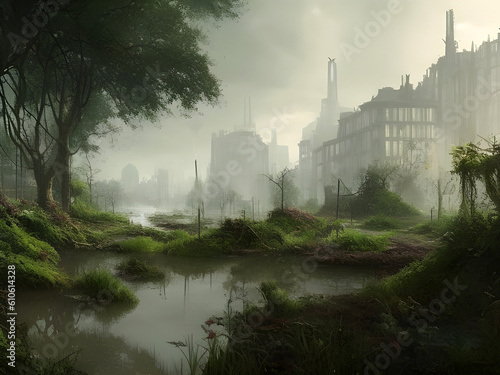 Abandoned city flooded and overgrown with trees and plants, apocalyptic fantasy concept art. generative ai illustration. generative ai