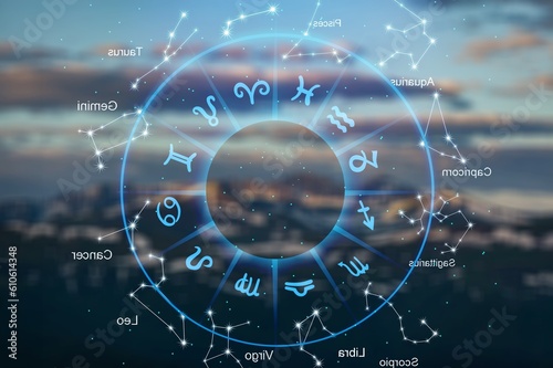 Zodiac signs big horoscope circle on landscape