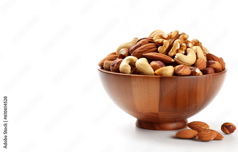 Bowl of Mixed Nuts Isolated on a White Background. Generative AI Bowl of Mixed Nuts Isolated on a White Background. Generative AI