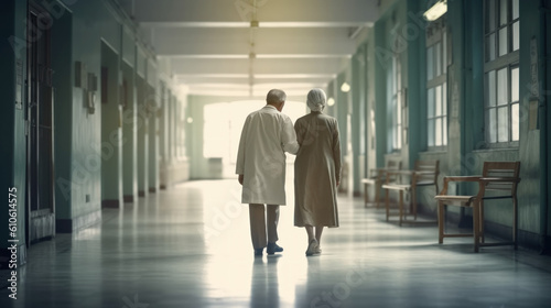 Back view of doctor and elder woman walking in the hospital corridor. Generative Ai