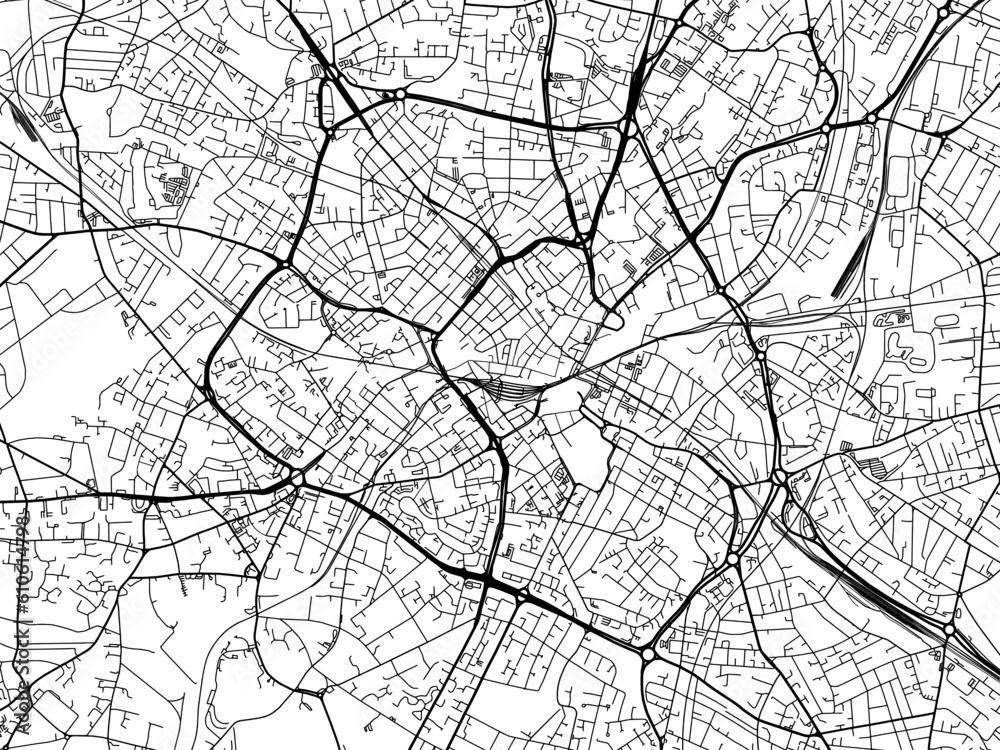 A vector road map of the city of  Birmingham Center in the United Kingdom on a white background.