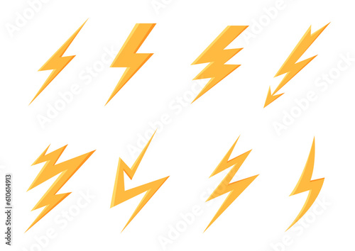 Yellow lightning icons set. Warning symbols. Danger and alarm. Electricity and voltage  power  energy. Symbol of speed and strength. Cartoon flat vector collection isolated on white background