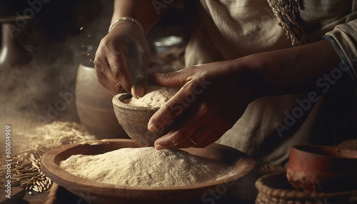 Recreation artistic of indigenous woman hands working with cereal flour in a rustic bowl. Illustration AI photo