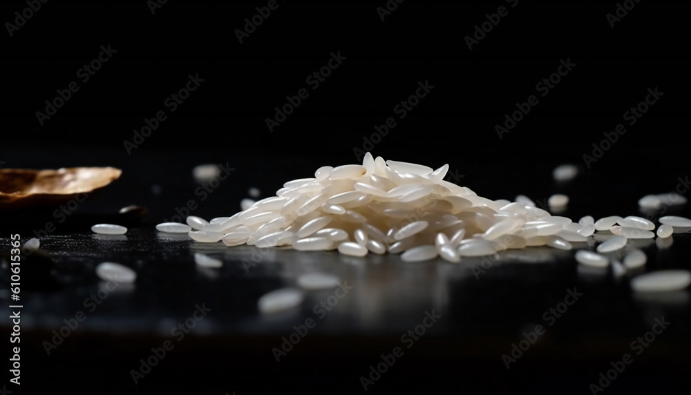 Artistic recreation of grains of white rice over a crystal surface with ...