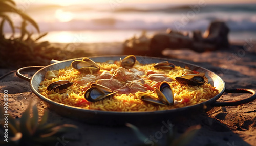 Recreation artistic of rice paella with seafoods in paellera in the beach at sunset . Illustration AI photo