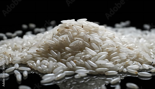 Artistic recreation of grains of long white rice piled over a crystal surface with black background. Illustration AI photo