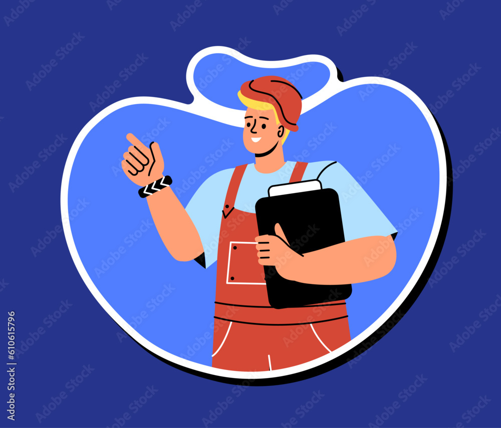 Builder in uniform sticker concept. Construction and engineering, architecture. Young male with construction plan, blueprint. Cartoon flat vector illustration isolated on blue background
