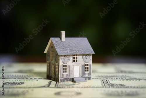 Miniature model house standing on a heap of dollar bill