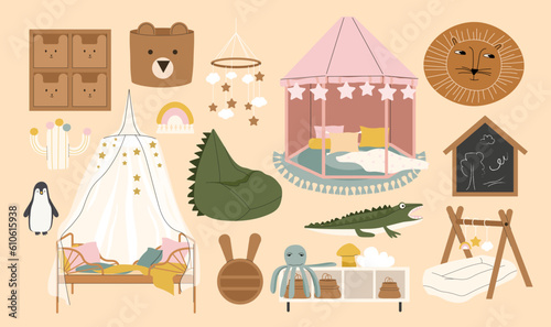 Nursery room accessories set concept. Bed and pouffes in shape of animals, lullaby with pendants. Penguin, bear and crocodile toys. Cartoon flat vector collection isolated on beige background