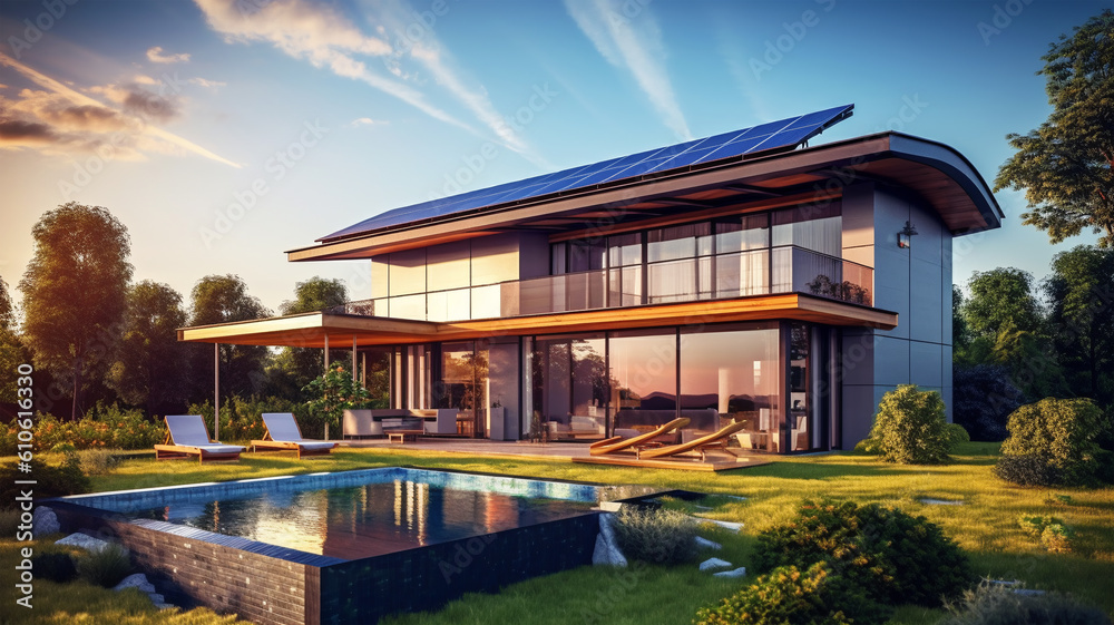 House with solar panels on the roof, sustainability, green technology