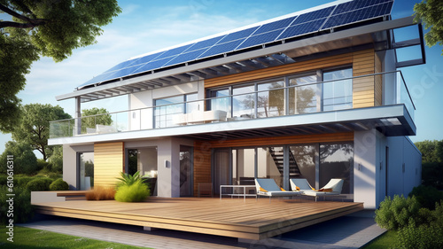 House with solar panels on the roof, sustainability, green technology