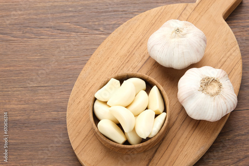 Fresh garlic (bawang putih) on a wooden table 