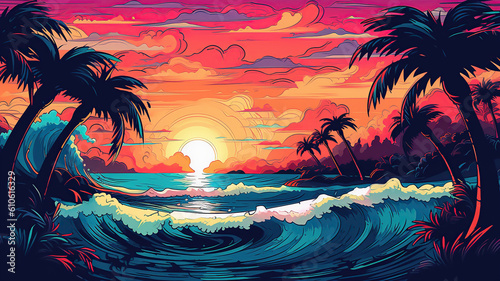 Summer tropical background with sea waves  palms  sky and sea sunset. gorgeous landscape  watercolor  generative Ai