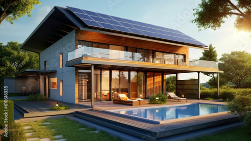 House with solar panels on the roof, sustainability, green technology © HelgaQ