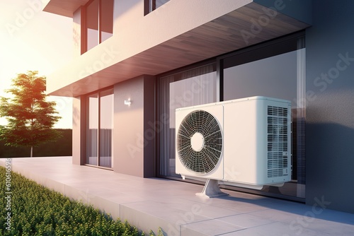 Wärmepumpe am Haus. Elektrische Heizung von außen. Heizen mit Erdwärme oder Luft zu Luft Pumpen. Generative KI