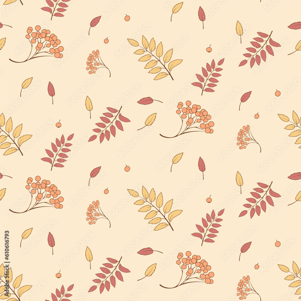 Seamless Autumn Pattern with Rowan Leaves and Berries Seamless Autumn Pattern with Rowan Leaves and Berries
