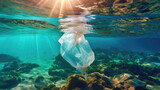 Plastic pollution. Discarded plastic bag floats in ocean. Generative AI
