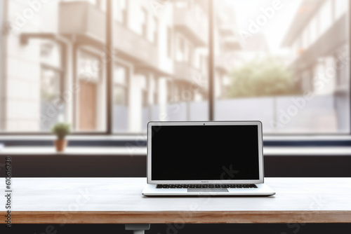 Modern computerlaptop with blank screen on counter bar(retail store shop)and window view backgrounds photo