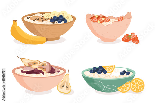 Plate of oatmeals with fruits set. Milk porridge with banana and berries. Healthy food and vegetarian diet, proper nutrition. Cartoon flat vector collection isolated on white background