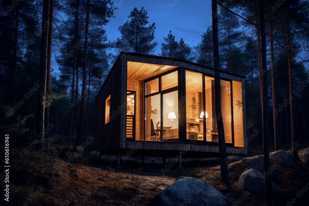 Modern Scandinavian style wooden tiny house in forest at night,