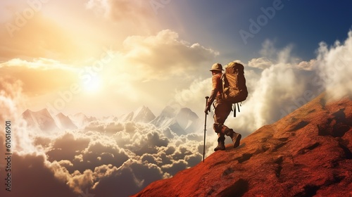 A male hiker stands on the peak of a cliff high in the mountains and looks out at the sunset. Generative Ai. © Svfotoroom