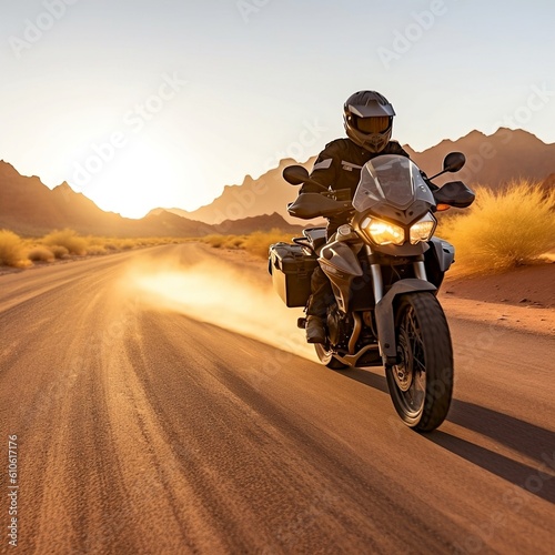 a motorcycle driving in the desert, early morning lighting