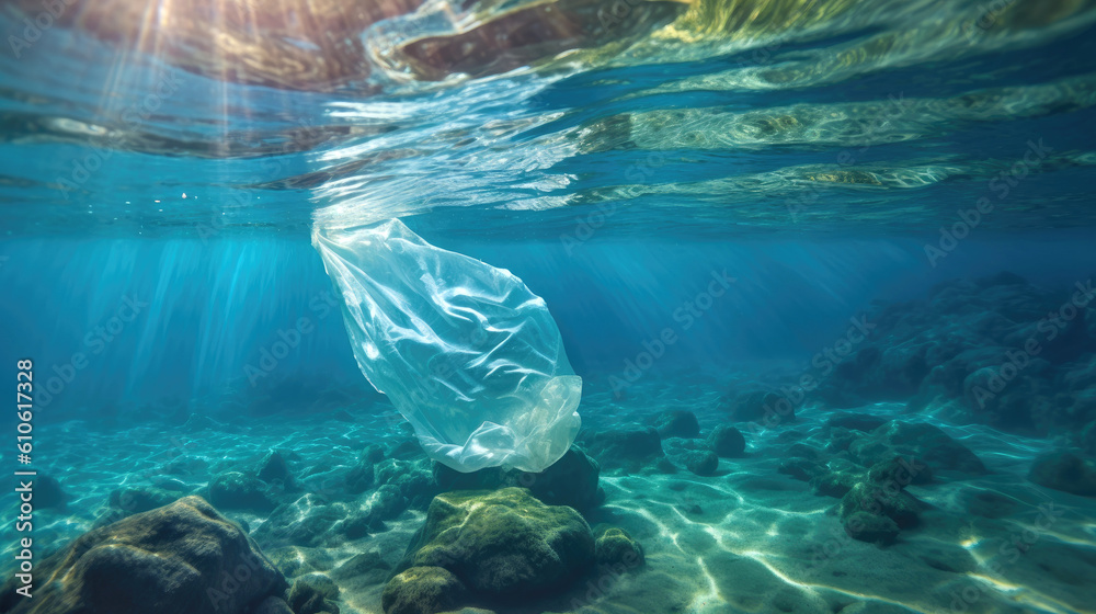 Obraz premium Plastic pollution. Discarded plastic bag floats in ocean. Generative AI
