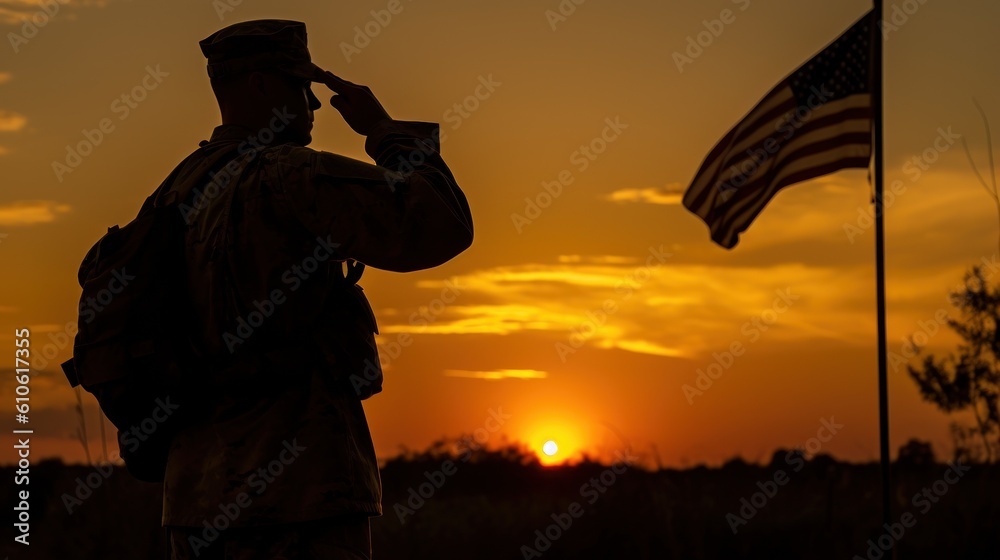A soldier saluting the flag, the sun setting in the background