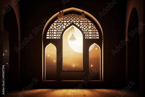 Moon light shine through the window into islamic mosque interior, Ramadan Kareem islamic background