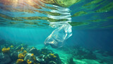 Plastic pollution. Discarded plastic bag floats in ocean. Generative AI