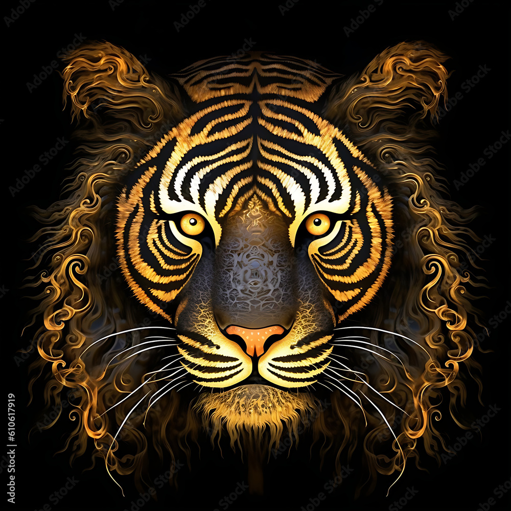 Tiger head vector, black and gold fractalism 1 masterpiece of tiger art