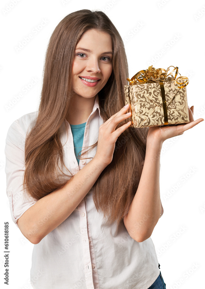 Beautiful young woman holding christmas gift on white background Beautiful young woman holding christmas gift on white background