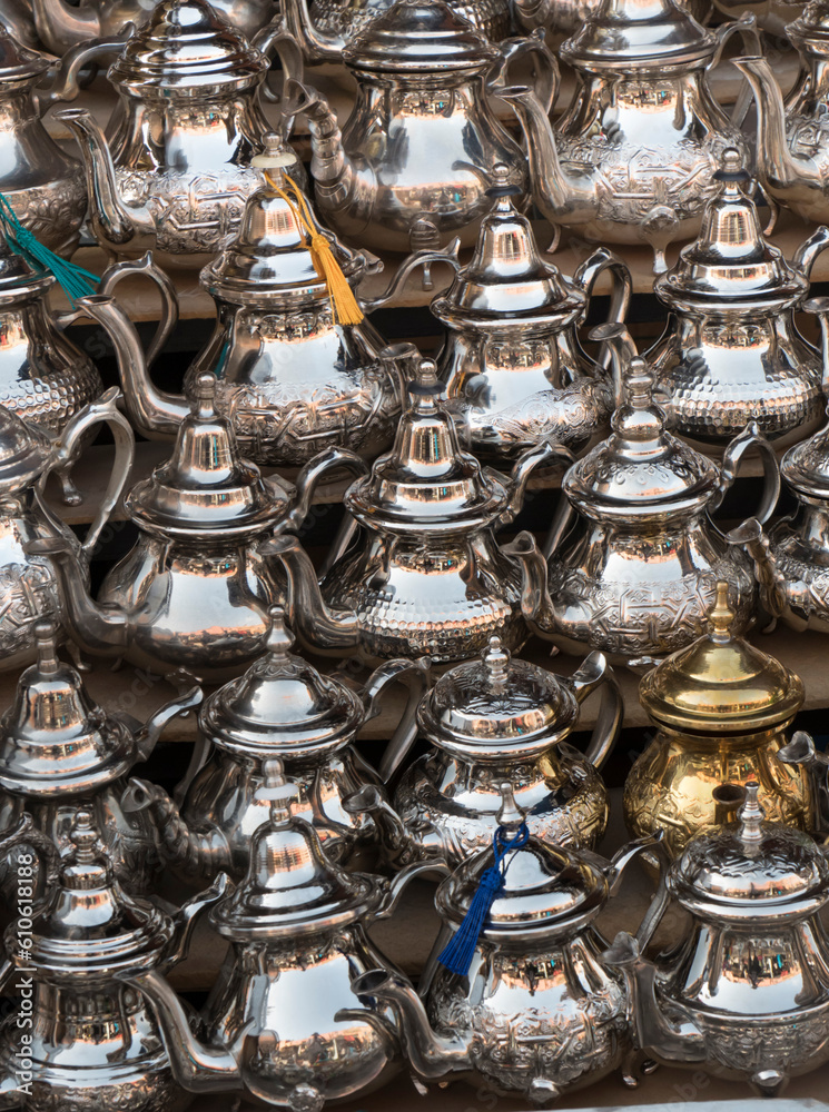 Morocco, Marrakech, Medina souk teapot shop Morocco, Marrakech, Medina souk teapot shop
