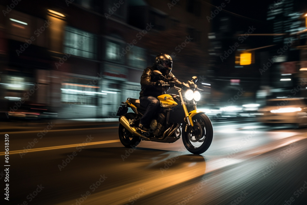 MOTORCYCLIST DRIVING AT NIGHT IN TORONTO motion blur