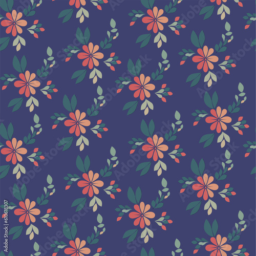 Vector seamless half-drop pattern, with flowers