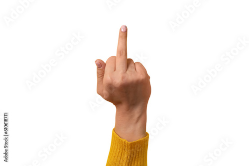 Middle finger, offensive gesture. Fuck you concept isolated on transparent background