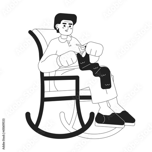 Grandma knitting monochromatic flat vector character. Grandmother with yarn in rocking chair. Editable thin line full body person on white. Simple bw cartoon spot image for web graphic design