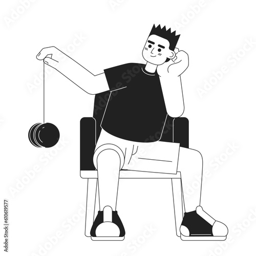 Boy playing yoyo monochromatic flat vector character. Male teenager with toy. Adolescent boredom. Editable thin line full body person on white. Simple bw cartoon spot image for web graphic design