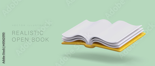 3d realistic open book with yellow cover. Poster with products for book online store concept. Colorful vector illustration in cartoon style with green background