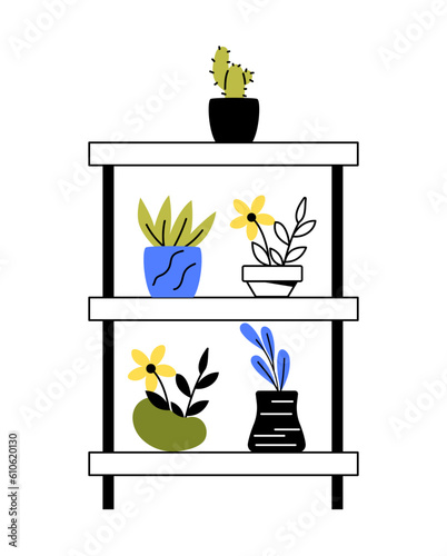 Botanical garden flowerpots at table concept. Aesthetics and elegance. Elements of decor and interior. Comfort and coziness in apartment. Cartoon flat vector illustration isolated on white background