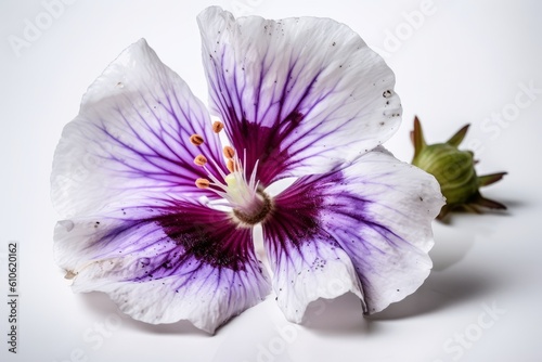 Artistic shot of a violet and white flower on white background, Generative ai photo