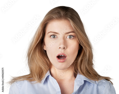 portrait of amazed blonde woman with mouth open